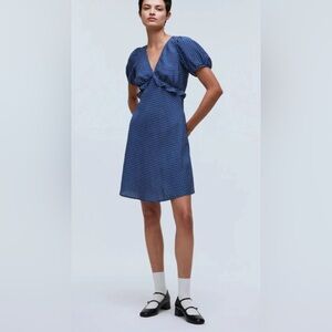 Madewell Puff Sleeve Ruffle Mini Dress Polka Dot in Curfew Size 0 NP106 New